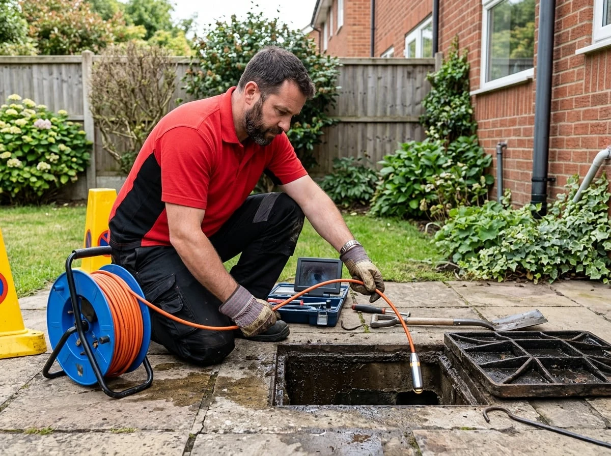 Weybridge Plumbers 247 engineer using a CCTV drain camera to inspect a blocked drain in Weybridge