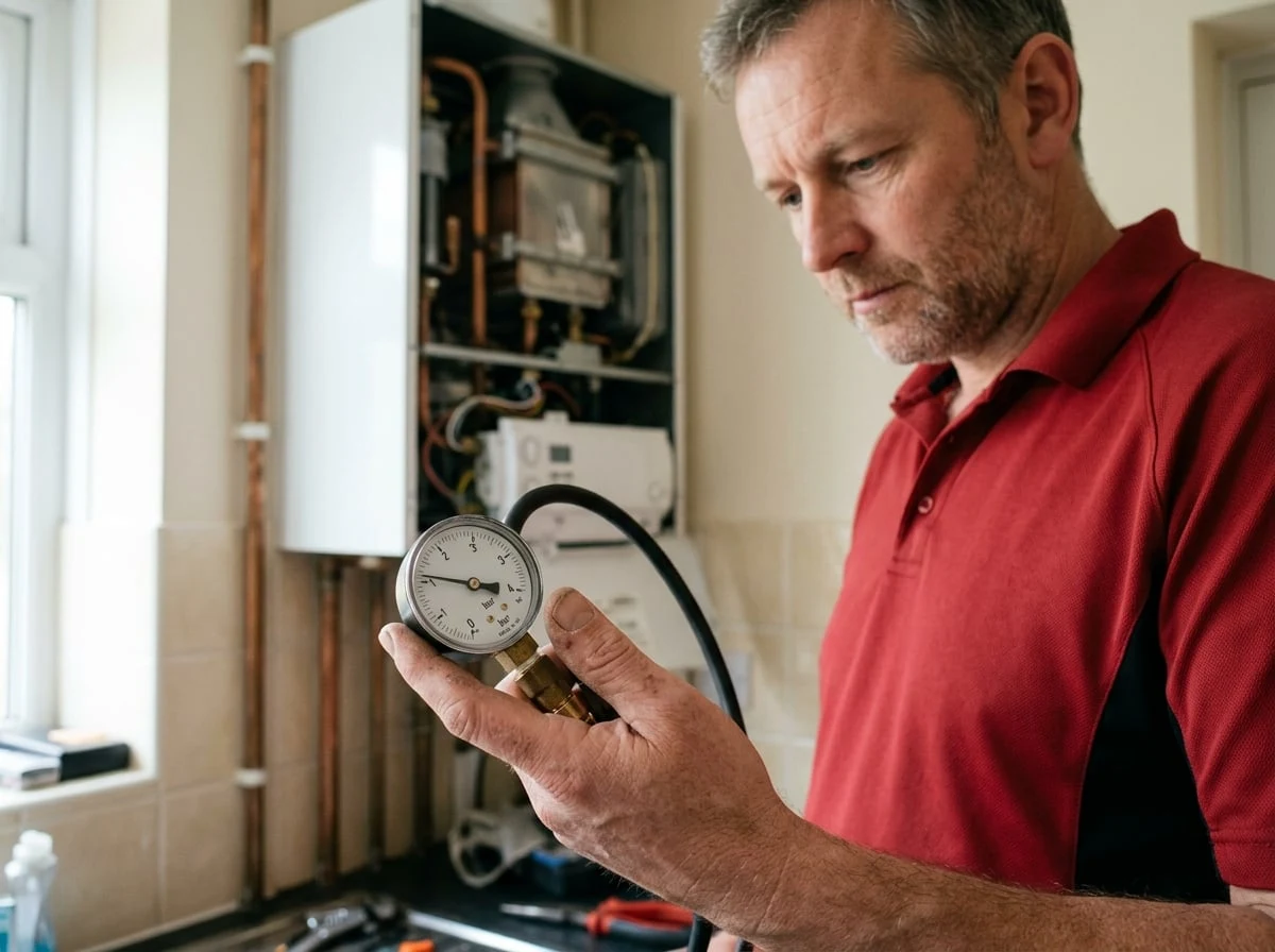 Weybridge Plumbers 247 engineer checking boiler pressure with a gauge during a boiler repair in Weybridge