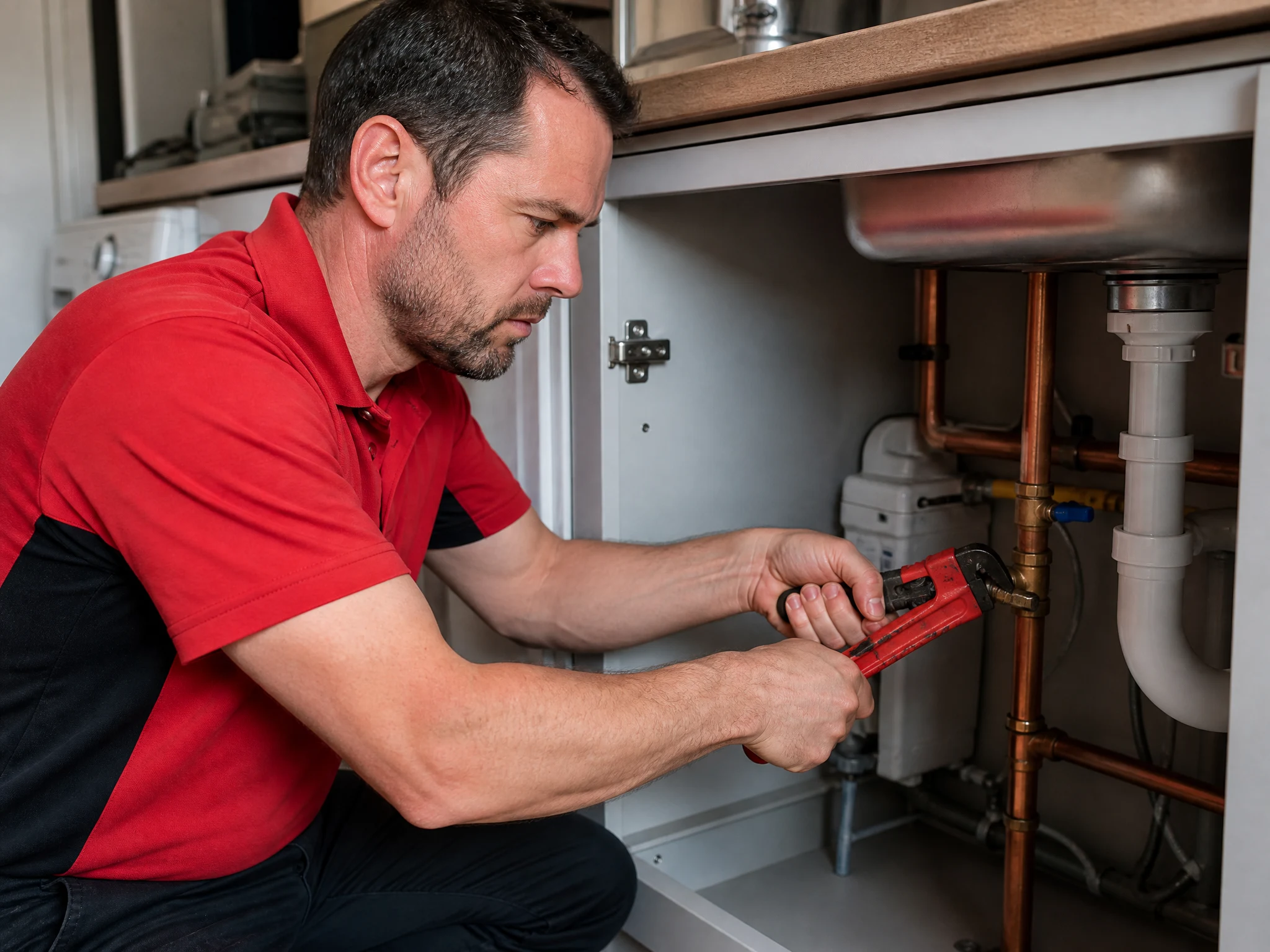 Weybridge Plumbers 247 engineer tightening a stopcock under a sink during an emergency plumbing repair in Weybridge